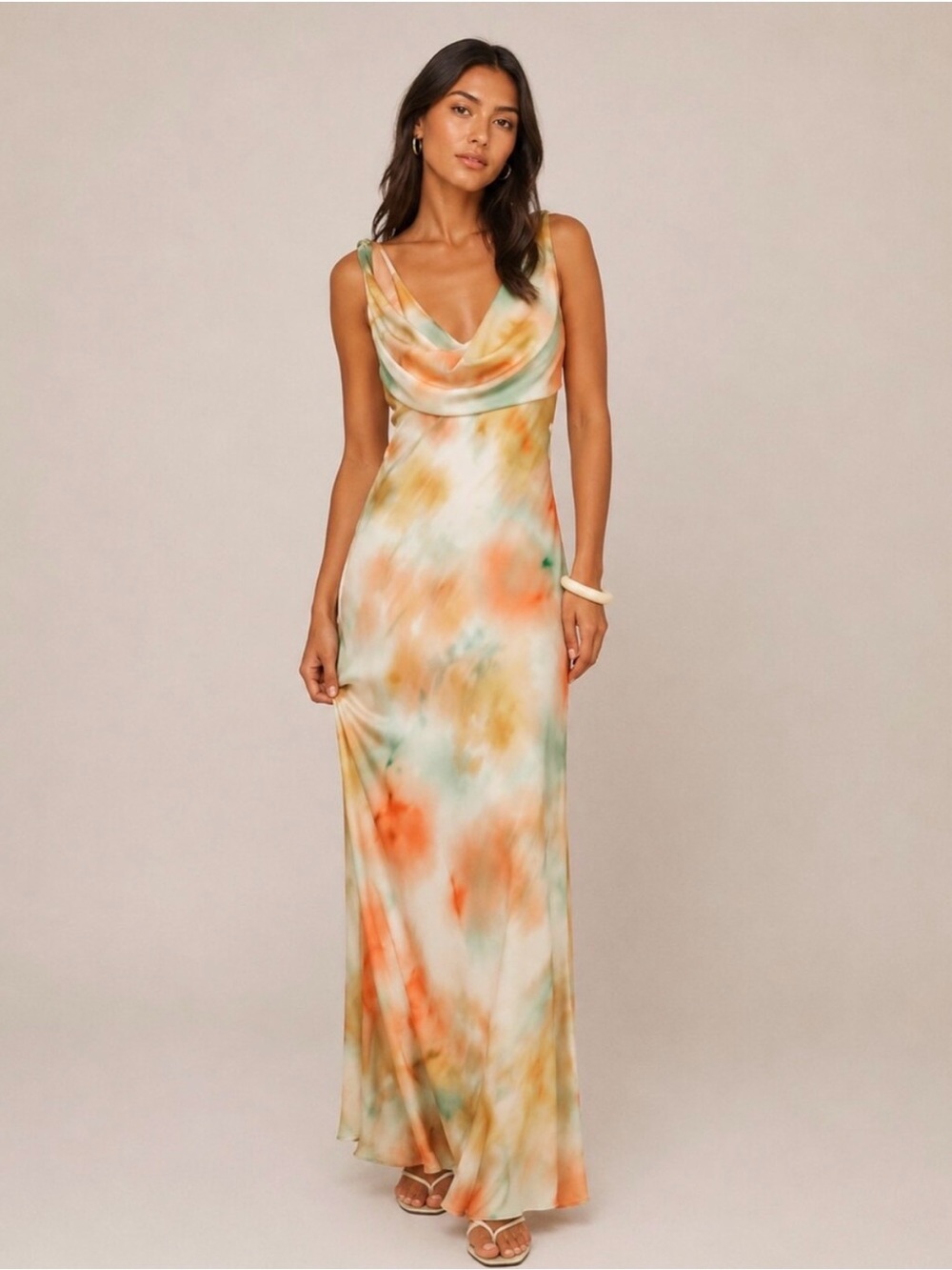 Watercolor/Tie-Dye Twisted Shoulder Cowl Neck Dress